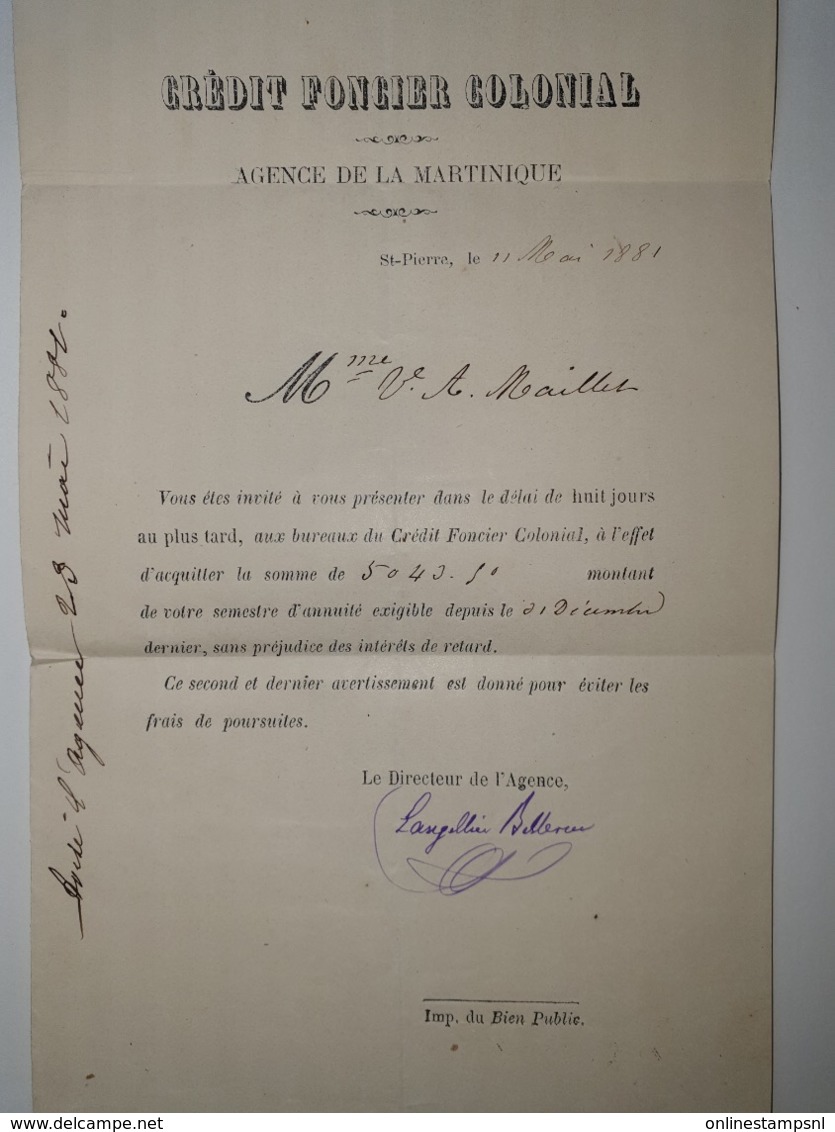 Martinique Letter 1862 St Pierre 1881 Crédit Foncier Colonial - Brieven En Documenten