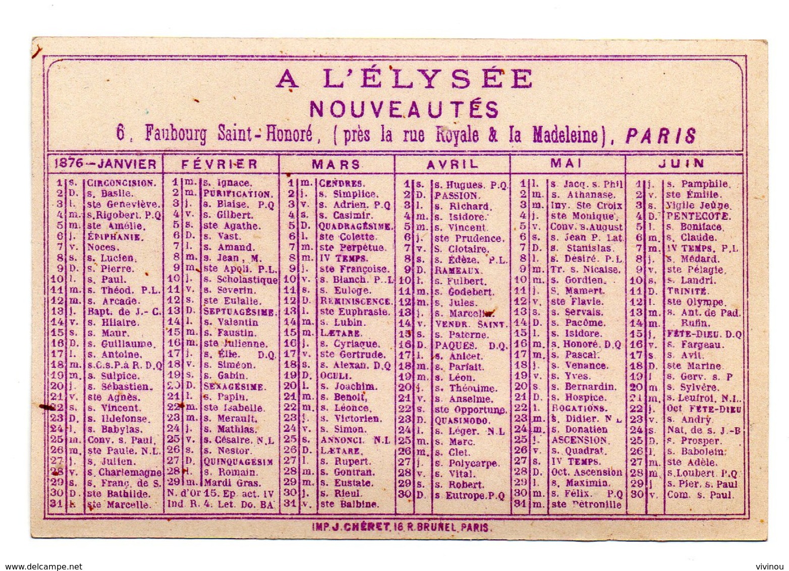 Chromo Calendrier Année 1876 Semestre A L'Elysée Paris Jeu Enfant Fillette Attelage Cheval Parapluie Fouet Lith Chéret - Autres & Non Classés