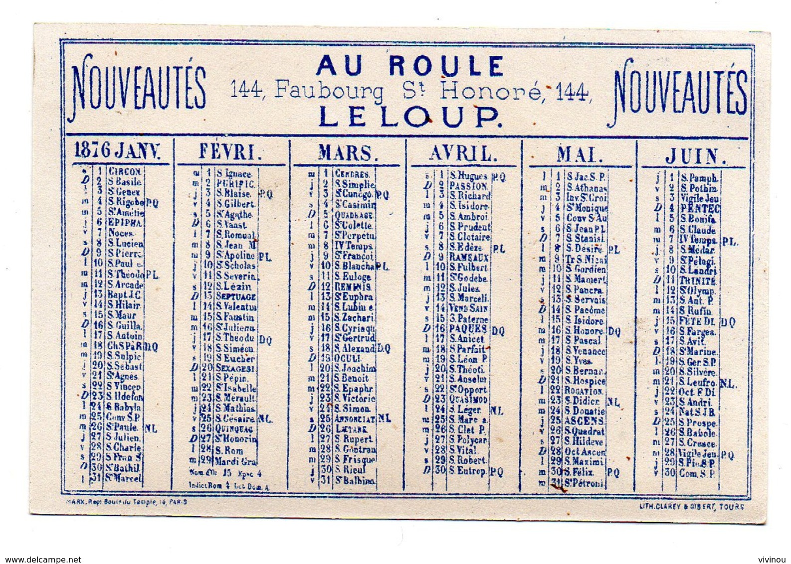 Chromo Calendrier Année 1876 Semestre Au Roule Paris Scène Galante Romantique Couple Jeune Femme Homme Repas Lith Clarey - Autres & Non Classés