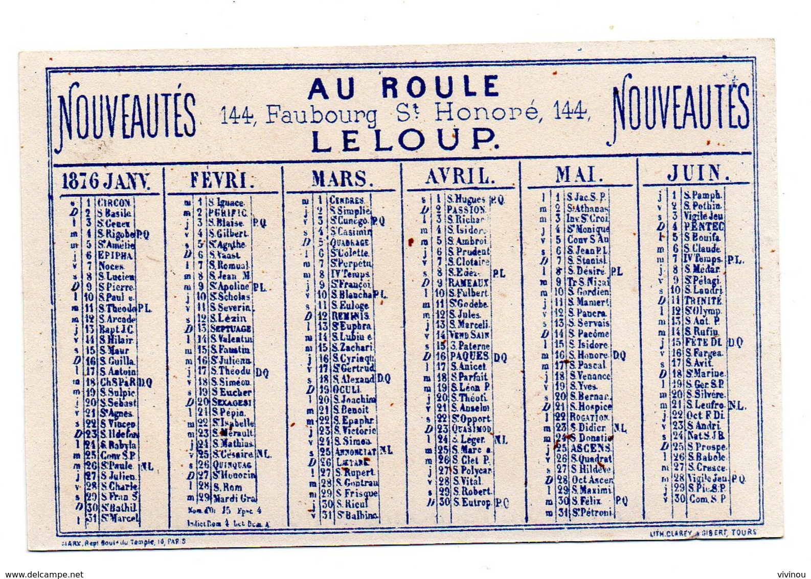 Chromo Calendrier Année 1876 Semestre Au Roule Paris Scène Galante Romantique Couple Jeune Femme Homme Chant Lith Clarey - Autres & Non Classés