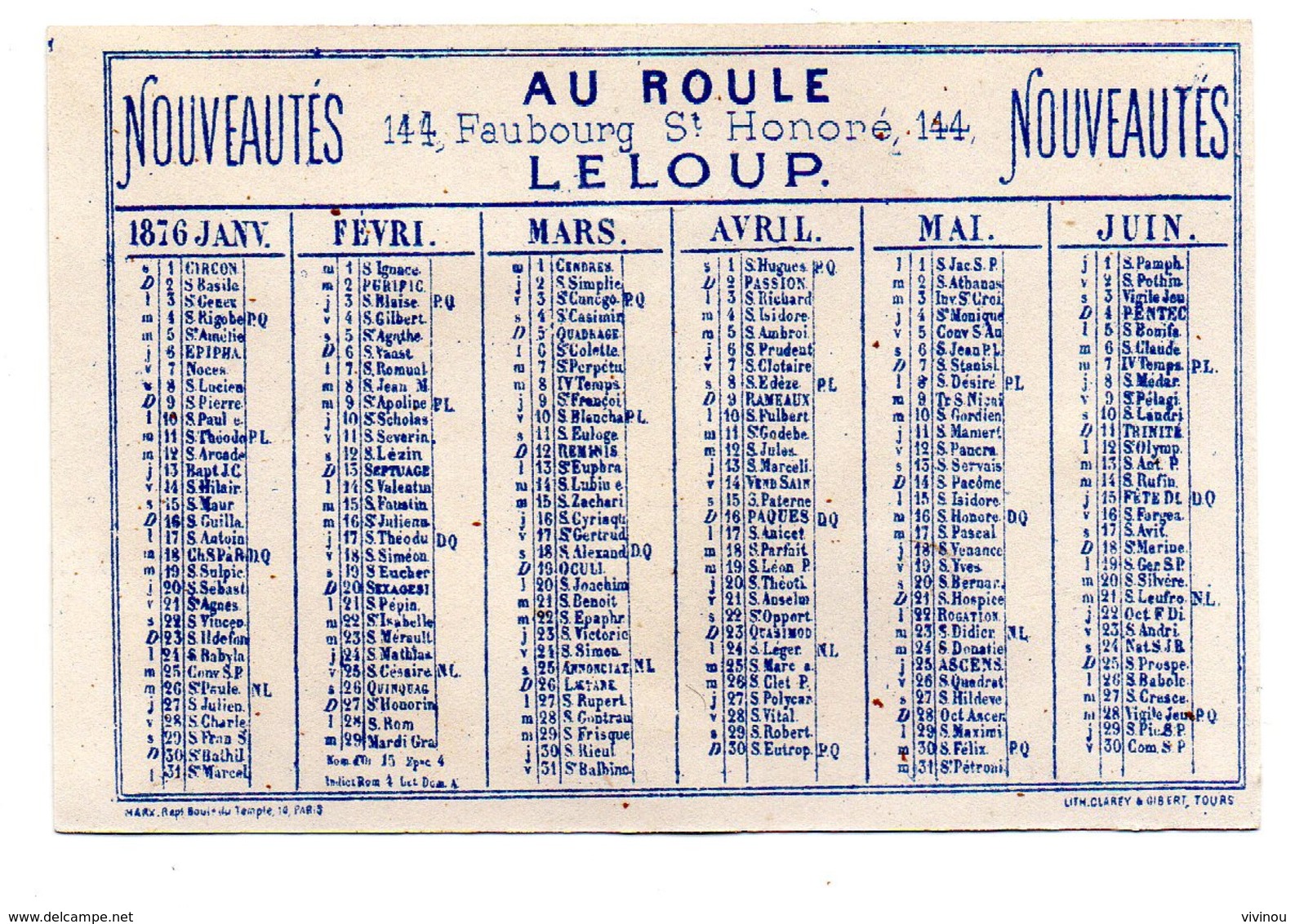 Chromo Calendrier Année 1876 Semestre Au Roule Paris Scène Galante Romantique Couple Jeune Femme Homme Livre Lith Clarey - Autres & Non Classés