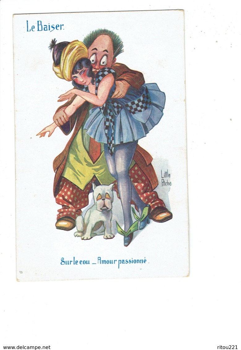 Cpa Illustration - Little Pitche Série N° 114 Langage Du Baiser N° 600 - Sur Le Cou - Homme Clown Femme Chien Bouledogue - Sonstige & Ohne Zuordnung