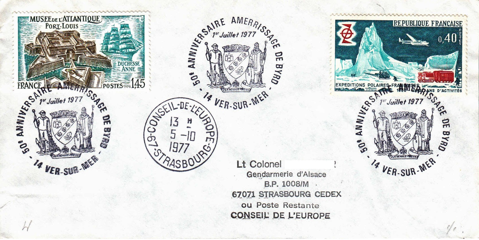 FRANCE - 1977 - Conseil De L'Europe - Lettre De Ver-sur-Mer Pour Strasbourg En Poste Restante - Amérissage De Byrd - Lettres & Documents