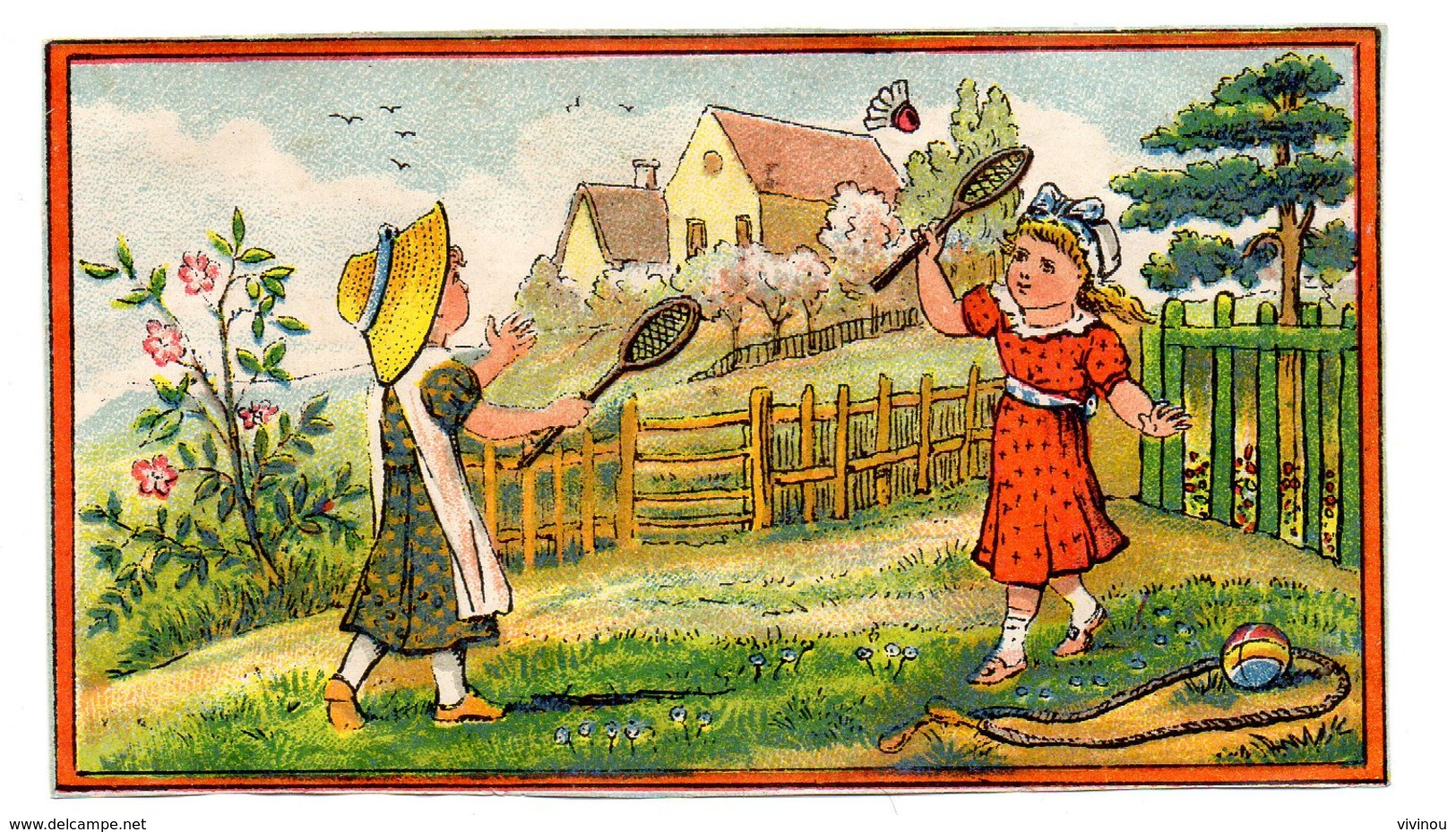 Chromo Papier Style Kate Greenaway Jeu Enfant Fillette Volant Raquette Partie Jardin Corde à Sauter Ballon Campagne - Autres & Non Classés