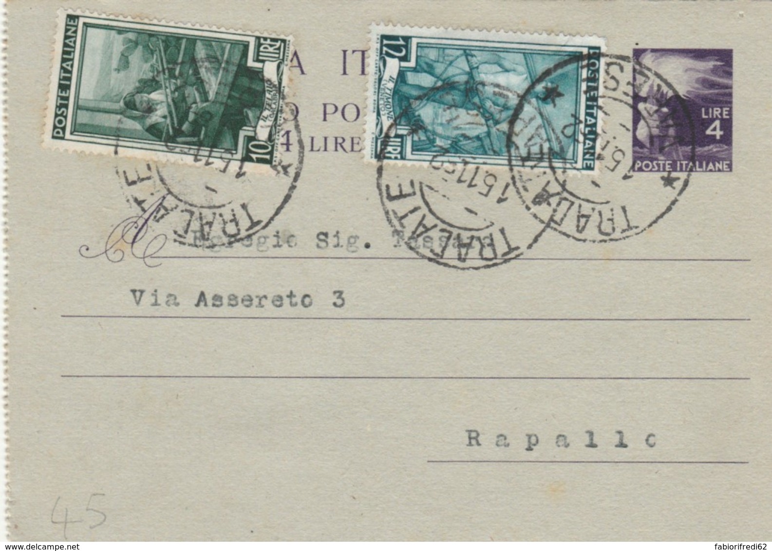 BIGLIETTO POSTALE 1952 4 L. +10+12 TIMBRO TRADATE VARESE (IX585 - Interi Postali