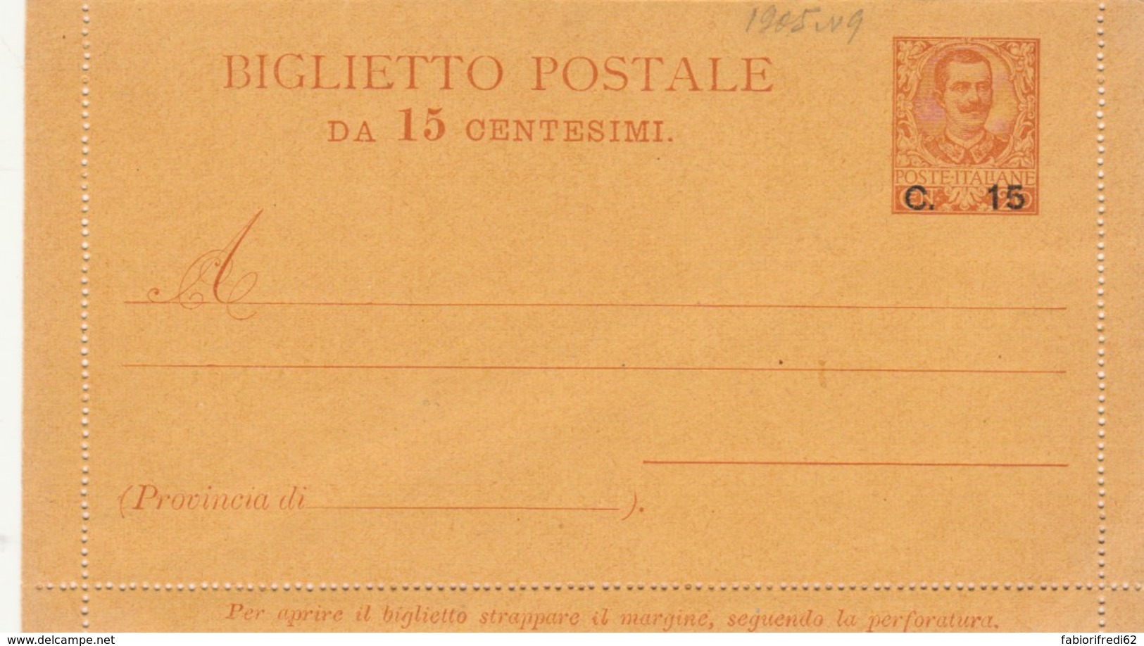 BIGLIETTO POSTALE C.15 SU 20 -1905 NUOVO (IX501 - Interi Postali