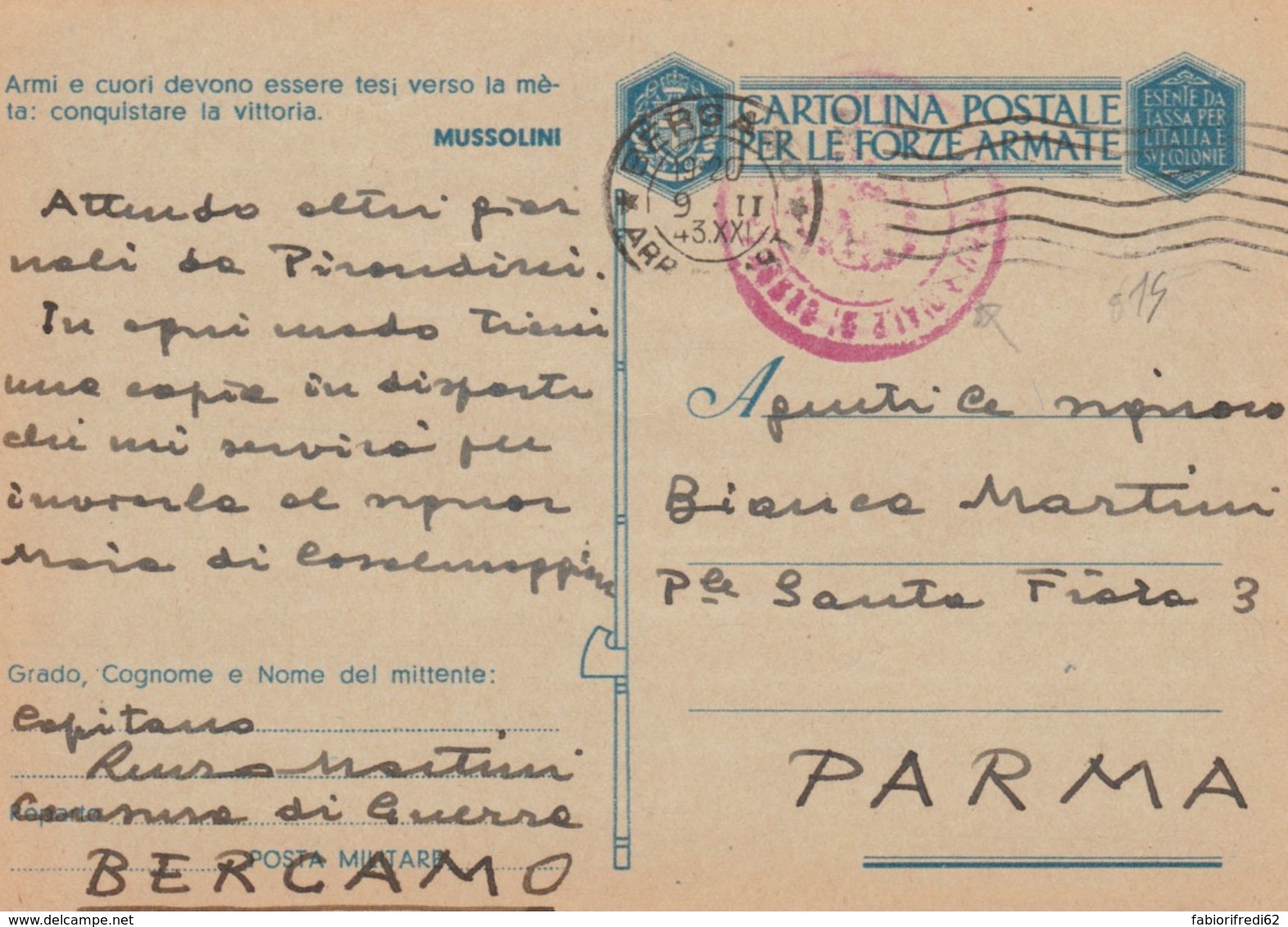 CARTOLINA FRANCHIGIA 1943 -ARMI E CUORI (IX508 - Franchise