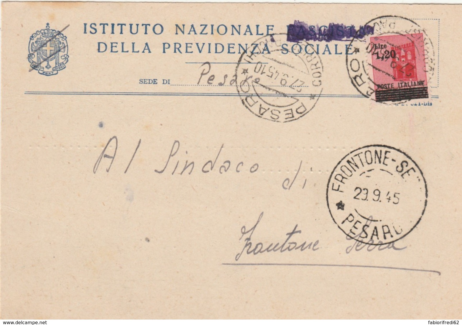 CARTOLINA POSTALE 1945 LUOGOTENENZA TIMBRO PESARO FRONTONE (IX599 - Storia Postale