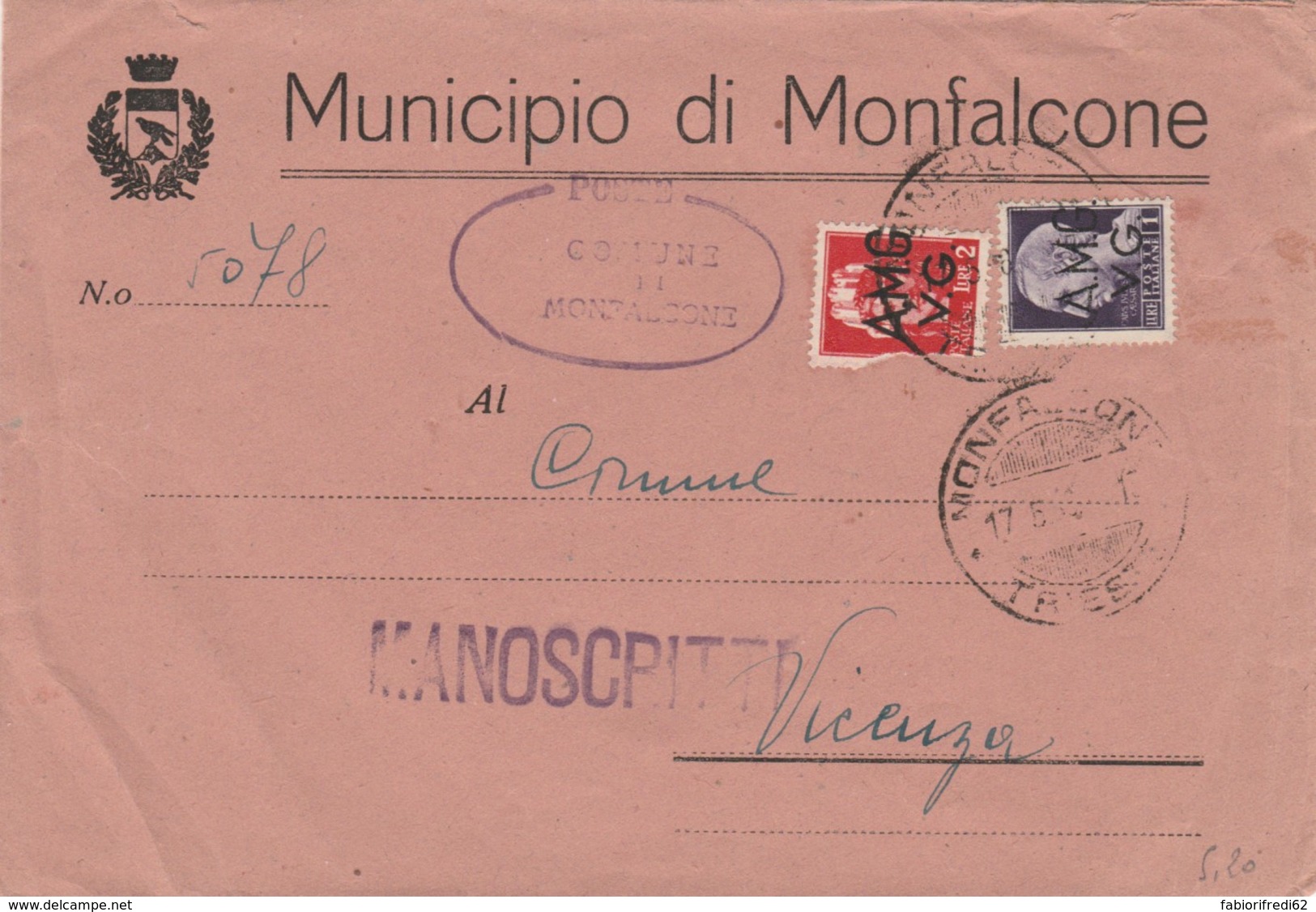 CARTOLINA POSTALE MUNICIPIO MONFALCONE CON 1+2 (SCIUPATO) AMG-VG-TIMBRO MONFALCONE TRIESTE (IX339 - Marcofilie