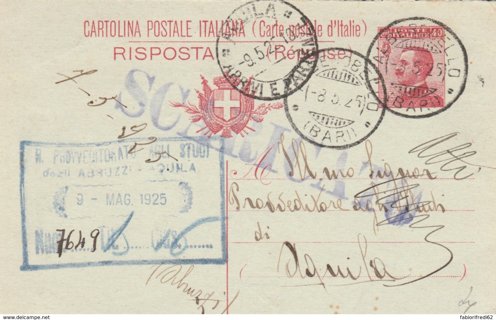 INTERO POSTALE 1925 RISPOSTA C.40 TIMBRO ALBEROBELLO BARI AQUILA (IX440 - Stamped Stationery