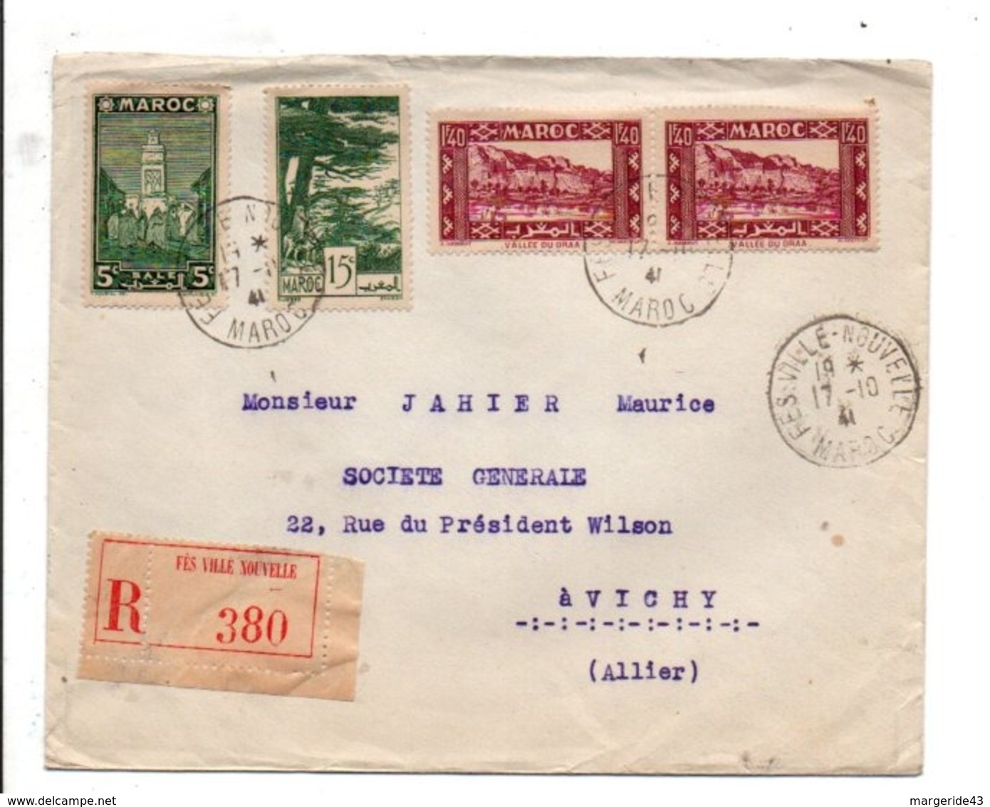 MAROC AFFRANCHISSEMENT COMPOSE SUR LETTRE RECOMMANDEZ POUR LA FRANCE 1941 - Briefe U. Dokumente