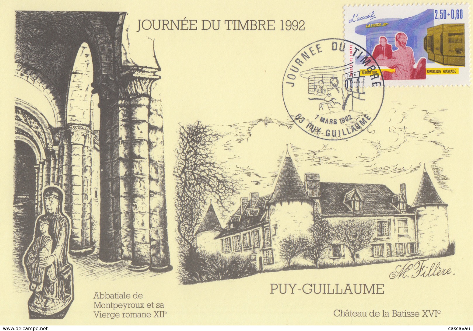 Carte  Locale  1er  Jour  JOURNEE  Du  TIMBRE   PUY - GUILLAUME   (63)   1992 - Giornata Del Francobollo