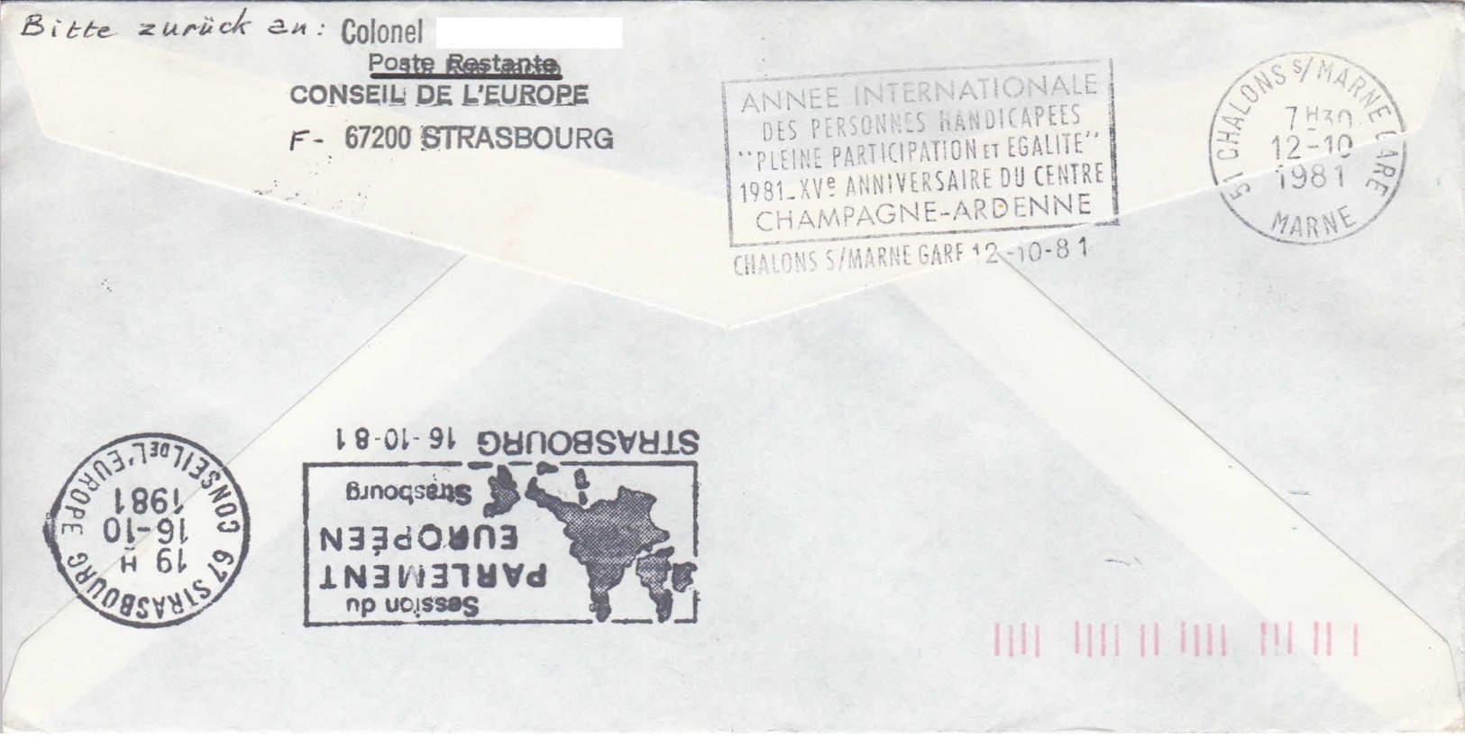 FRANCE - 1981 - Conseil De L'Europe - Lettre De Chalons/Marne Pour Vienne Puis Strasbourg En Poste Restante - - Covers & Documents