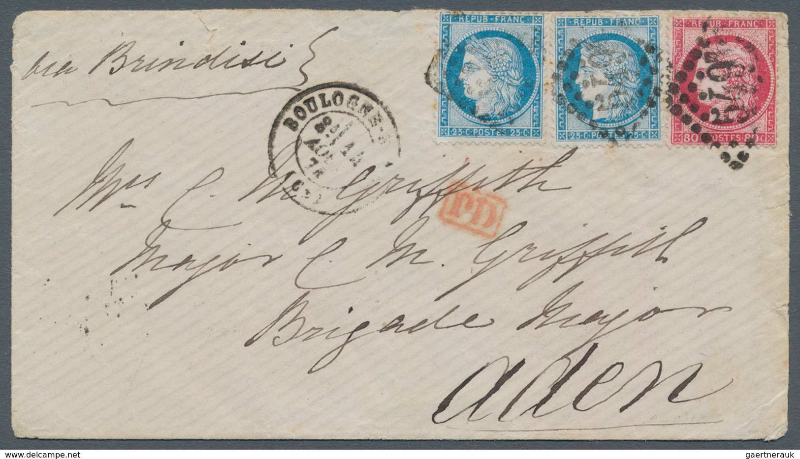 Aden: 1874 Incoming Mail: Cover From Boulogne-sur-Mer, France To ADEN Via Paris And Brindisi, Franke - Jemen