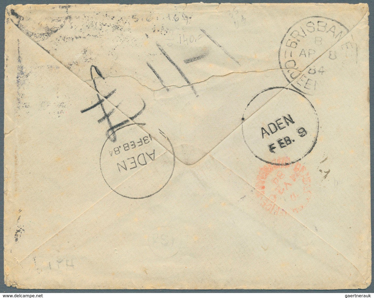 Aden: 1884-85 Cover From London Addressed To ADEN, Redirected To BRISBANE, QUEENSLAND Franked GB 5d. - Jemen