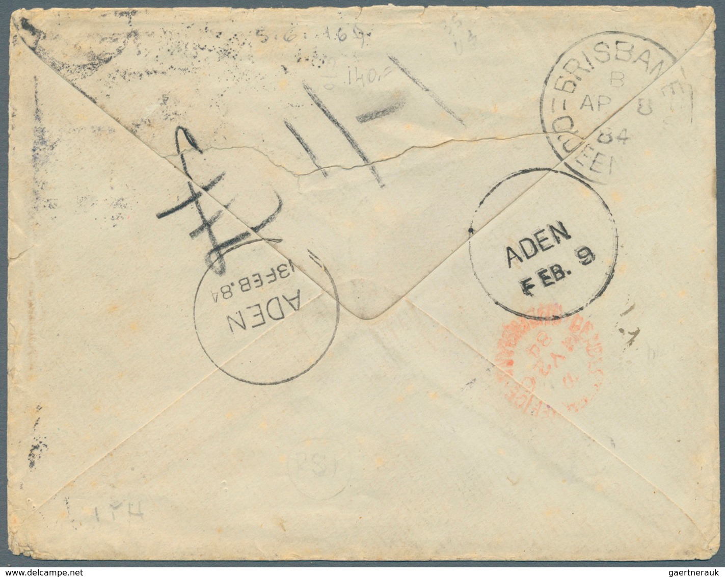 Aden: 1884-85 Cover From London Addressed To ADEN, Redirected To BRISBANE, QUEENSLAND Franked GB 5d. - Yémen