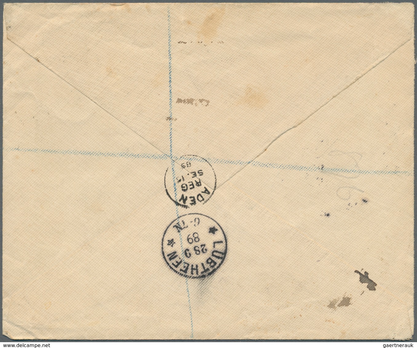 Aden: ADEN 1889: Registered Cover From Aden To Lübtheen, Mecklenburg, Germany Franked With India QV - Yémen