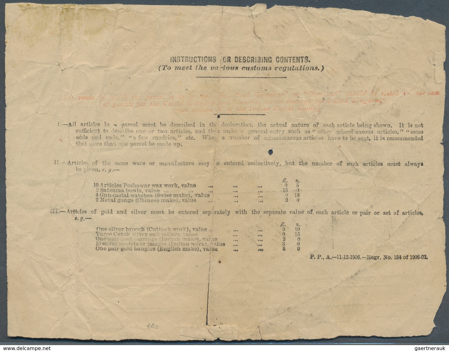 Aden: 1909 Post Declaration For Parcel, Franked With India KE 1r., 8a. And 1a. Tied With "ADEN/PAR/N - Yémen