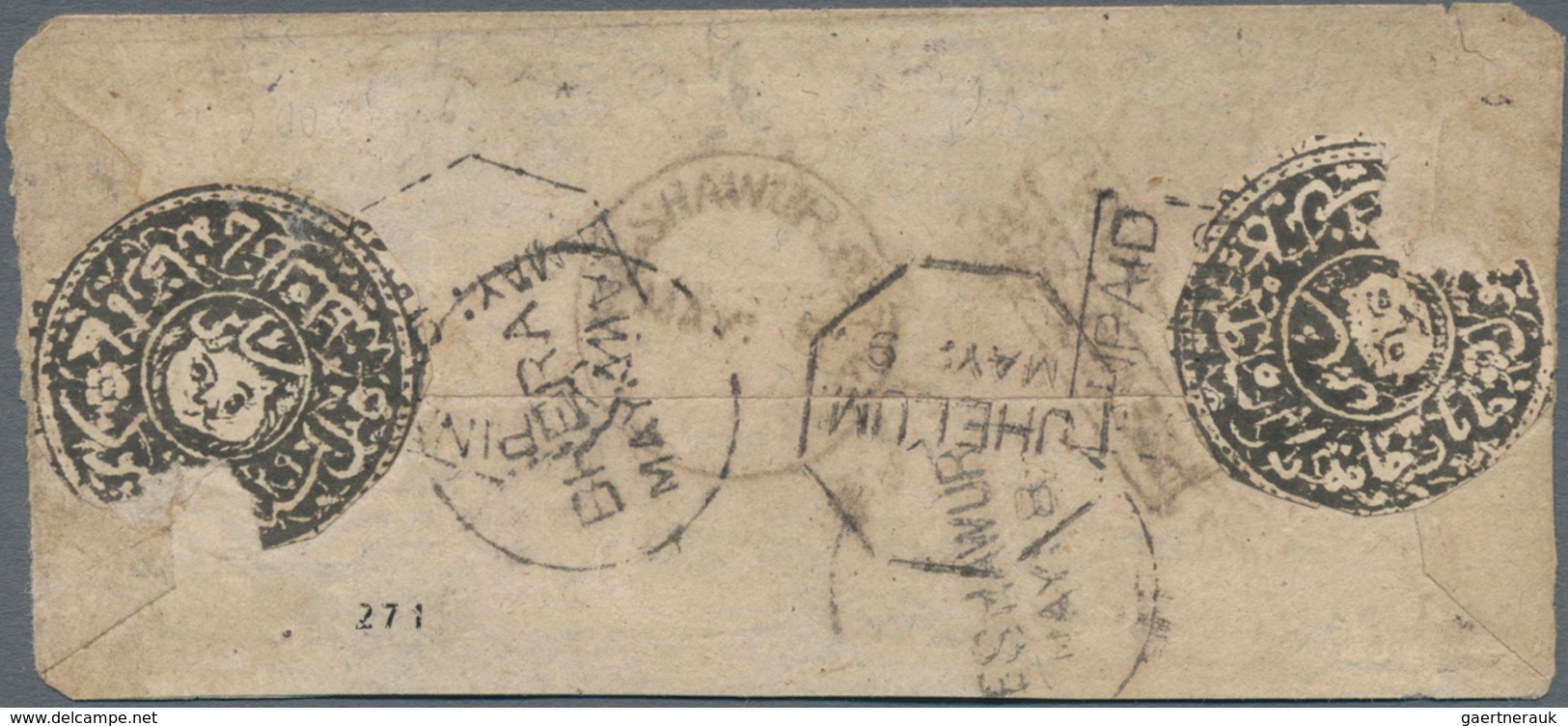 Afghanistan: 1873 Cover To Bhera, India Franked By Two Singles Of 1873 1 Shahi Black, Cut-to-shape A - Afghanistan