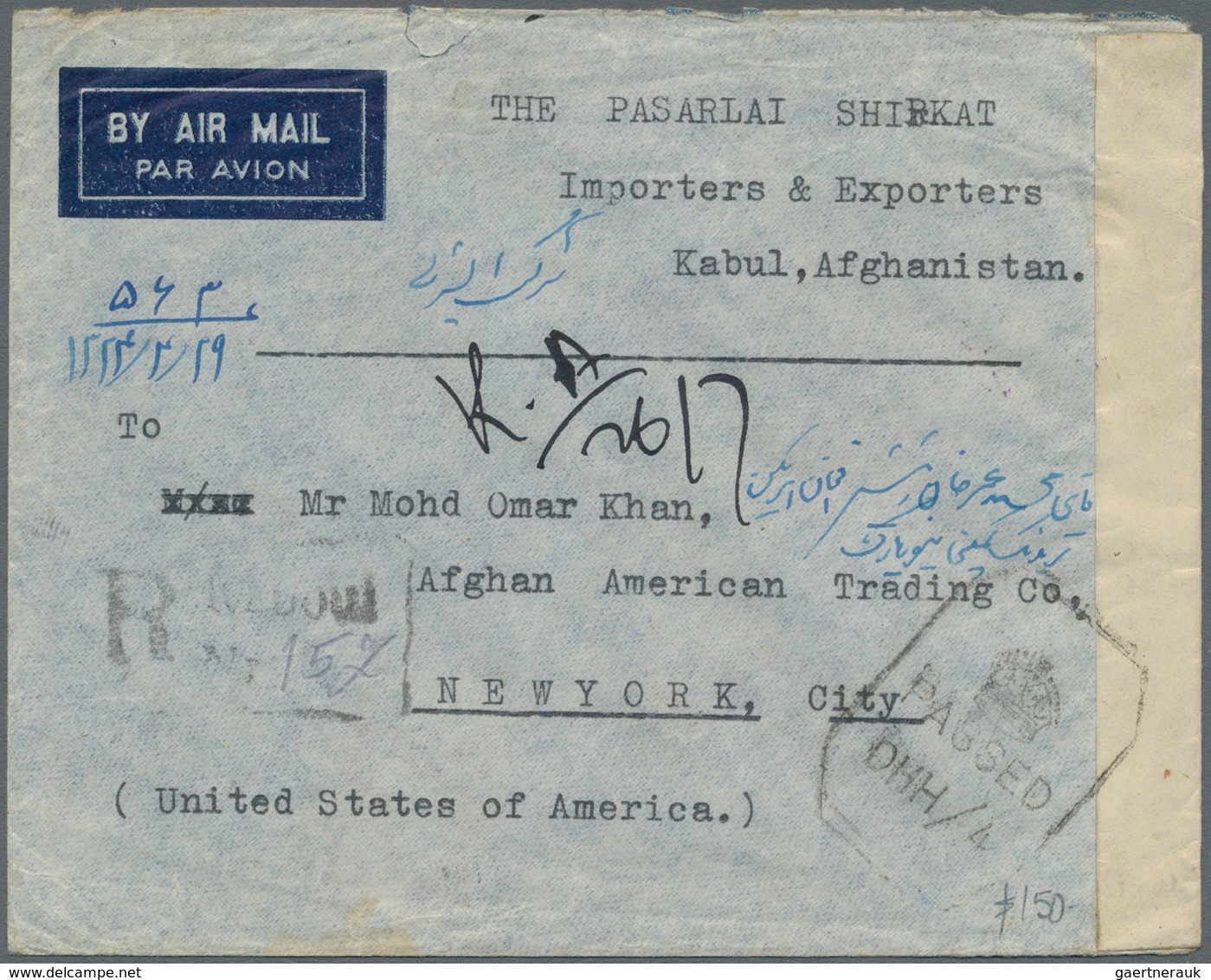 Afghanistan: 1945. Registered Flimsy Airmail Cover Addressed To NEW YORK, Franked At Back With 26 P - Afghanistan