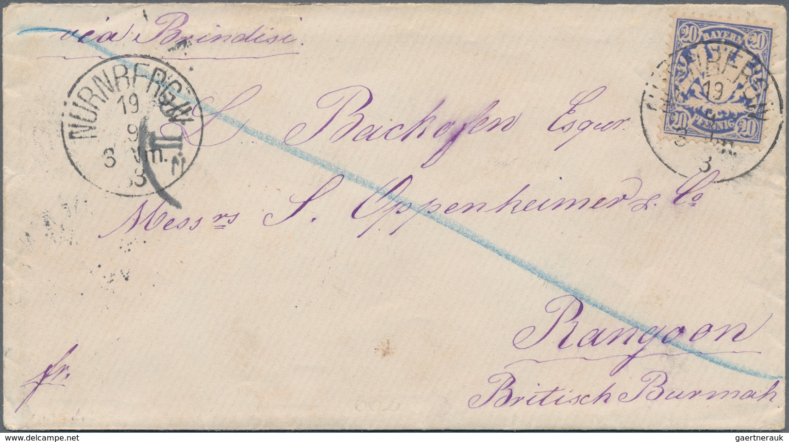 Birma / Burma / Myanmar: 1883, Incoming Mail From Nürnberg (Bavaria/Germany) Via Brindisi To RANGOON - Myanmar (Burma 1948-...)