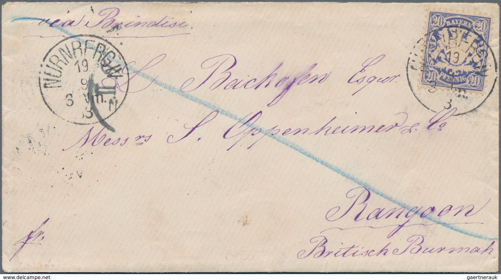 Birma / Burma / Myanmar: 1883, Incoming Mail From Nürnberg (Bavaria/Germany) Via Brindisi To RANGOON - Myanmar (Birma 1948-...)