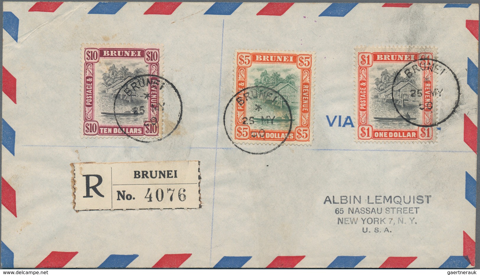 Brunei: 1947-50 Complete Set Of 14 Up To $10 Used On Two Registered Airmail Covers To New York, One - Brunei (1984-...)