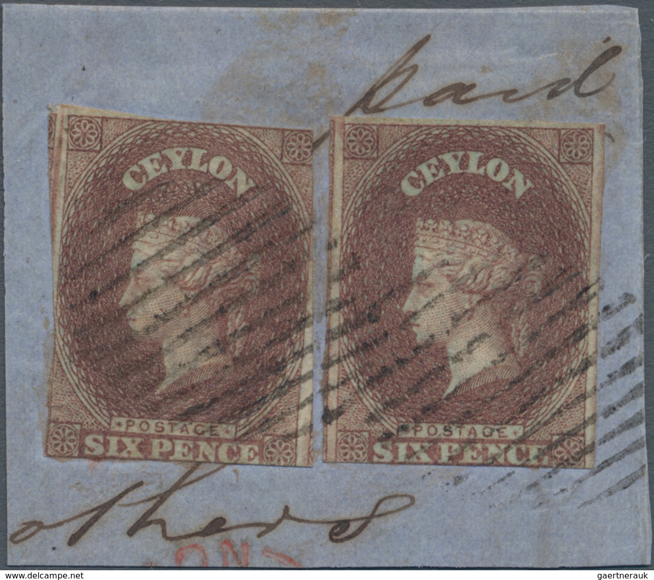 Ceylon / Sri Lanka: 1857, 6 D Purple-brown On Blued Paper, Two Singles On Piece, Each Stamp With Sli - Sri Lanka (Ceylon) (1948-...)