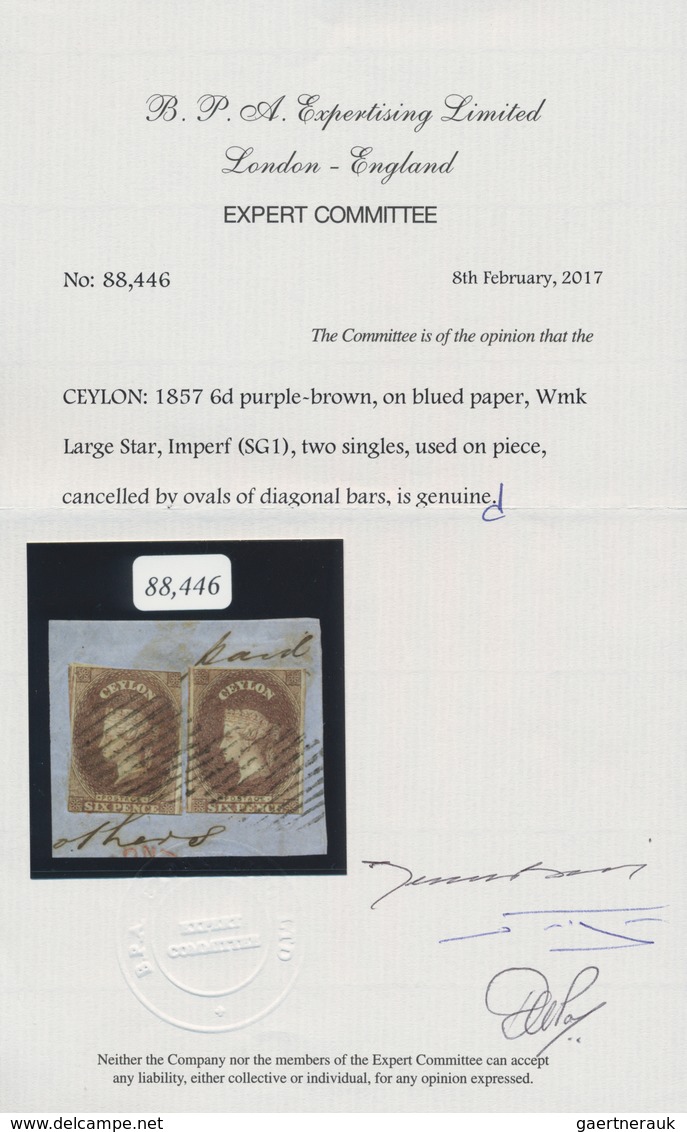 Ceylon / Sri Lanka: 1857, 6 D Purple-brown On Blued Paper, Two Singles On Piece, Each Stamp With Sli - Sri Lanka (Ceylon) (1948-...)