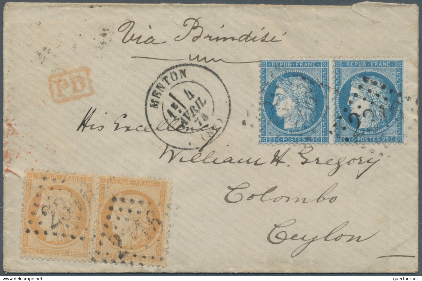 Ceylon / Sri Lanka: 1873. Envelope Addressed To Ceylong Bearing French 'Siege De Paris' Yvert 37, 25 - Sri Lanka (Ceylan) (1948-...)