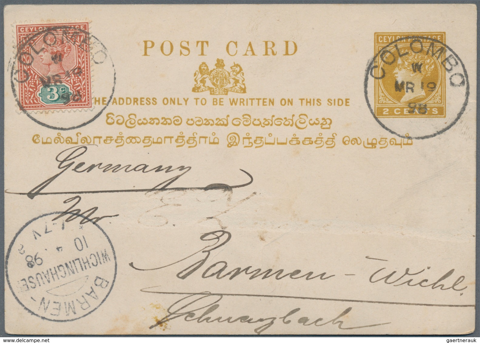 Ceylon / Sri Lanka: 1898-1904 Three Postcards: 1) Postal Stationery Card 2c., Uprated 3c., Used From - Sri Lanka (Ceylon) (1948-...)