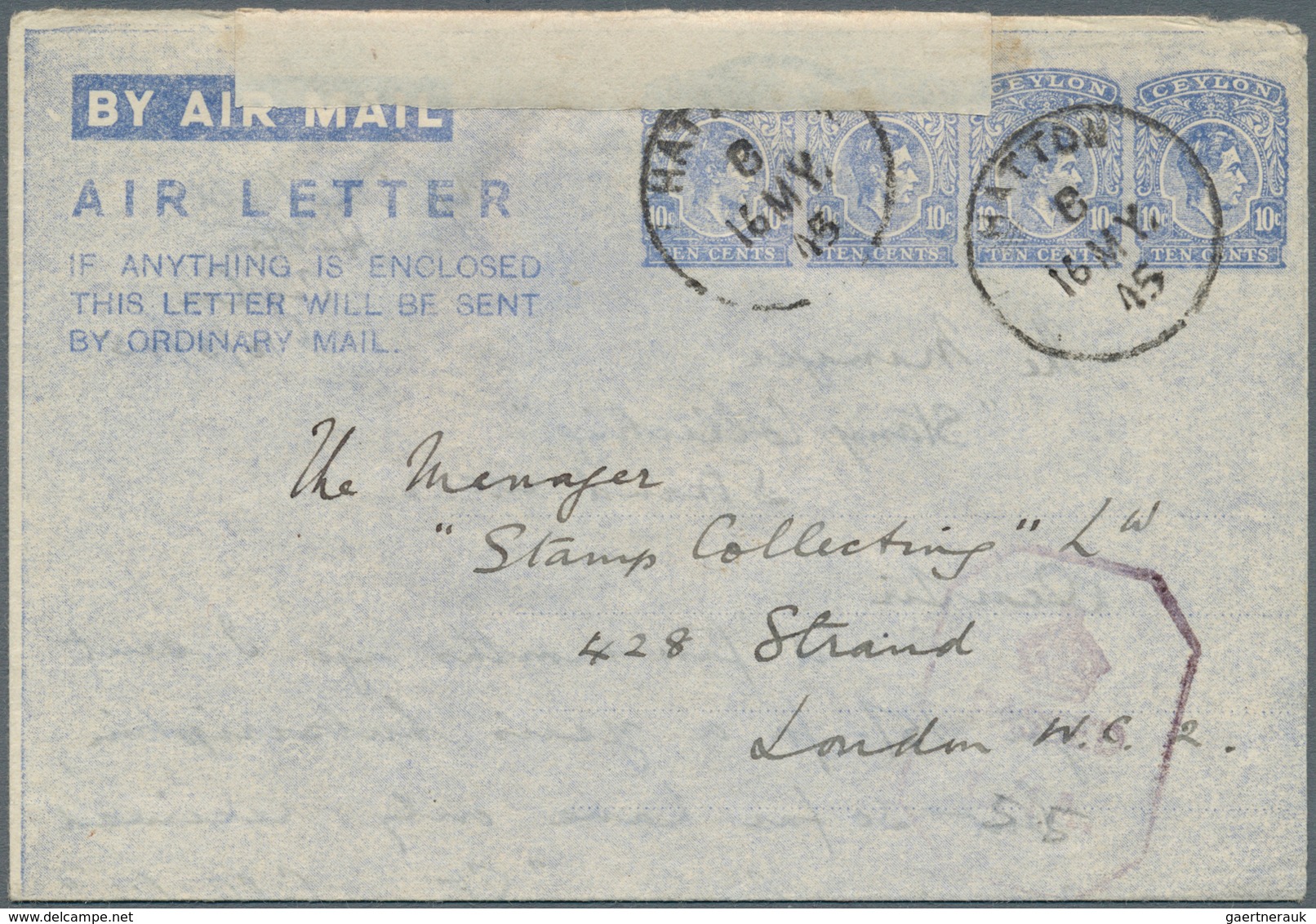 Ceylon / Sri Lanka: 1945 (16.5.), AIR LETTER KGVI 10c. Four Impressions In Ultramarine On White Pape - Sri Lanka (Ceylon) (1948-...)