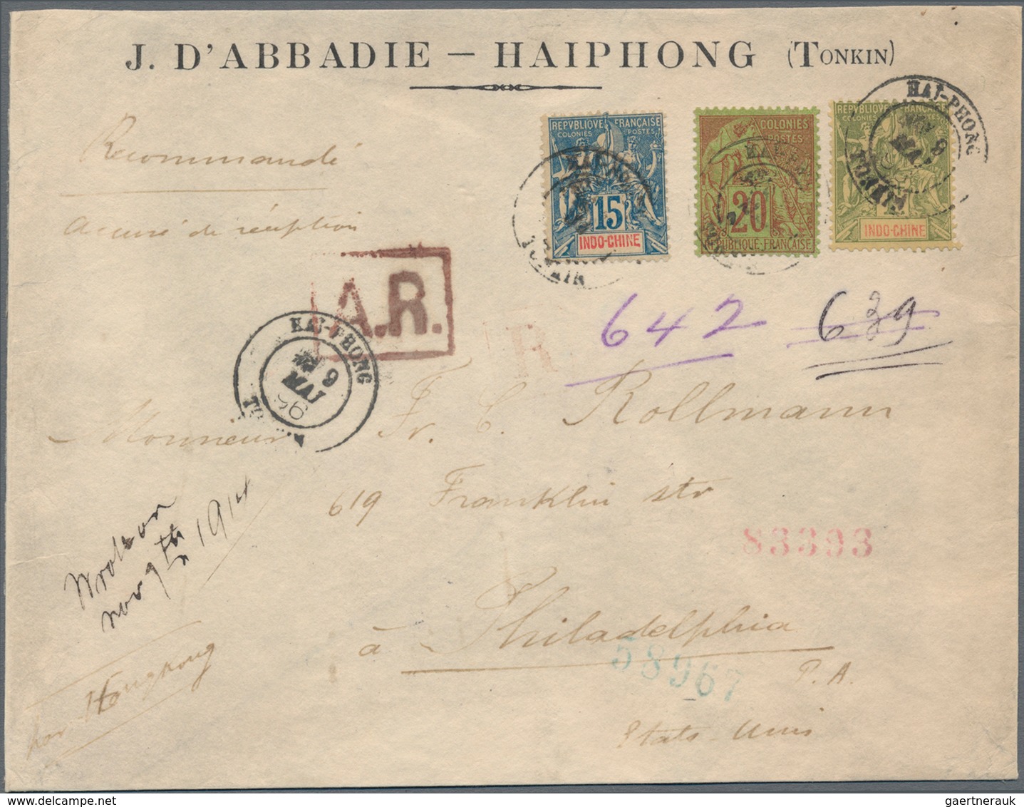 Französisch-Indochina: 1896, 1 Fr., 15 C. In Mixed Franking With French Colonies General Issue 20 C. - Brieven En Documenten