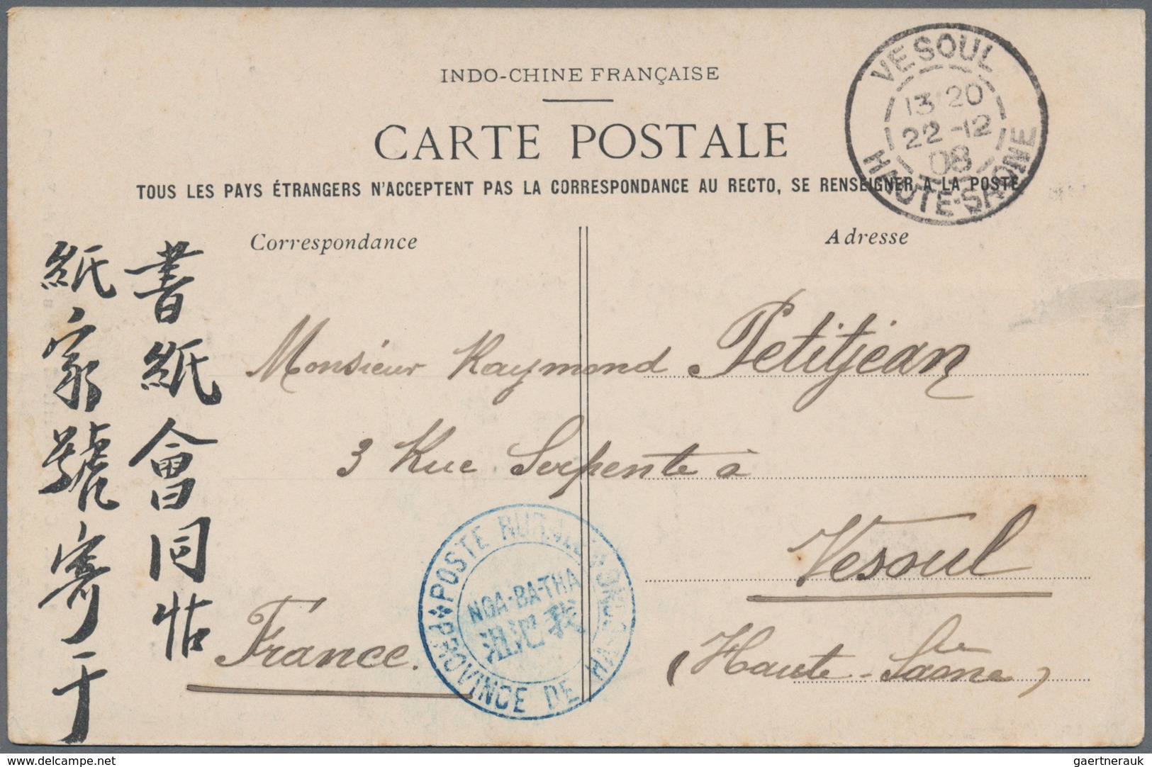 Französisch-Indochina: 1908, Blue "POSTE RURALE/NOA-BA-THA/PROVINCE DE HADONG" On Ppc  W. On Viewsid - Briefe U. Dokumente