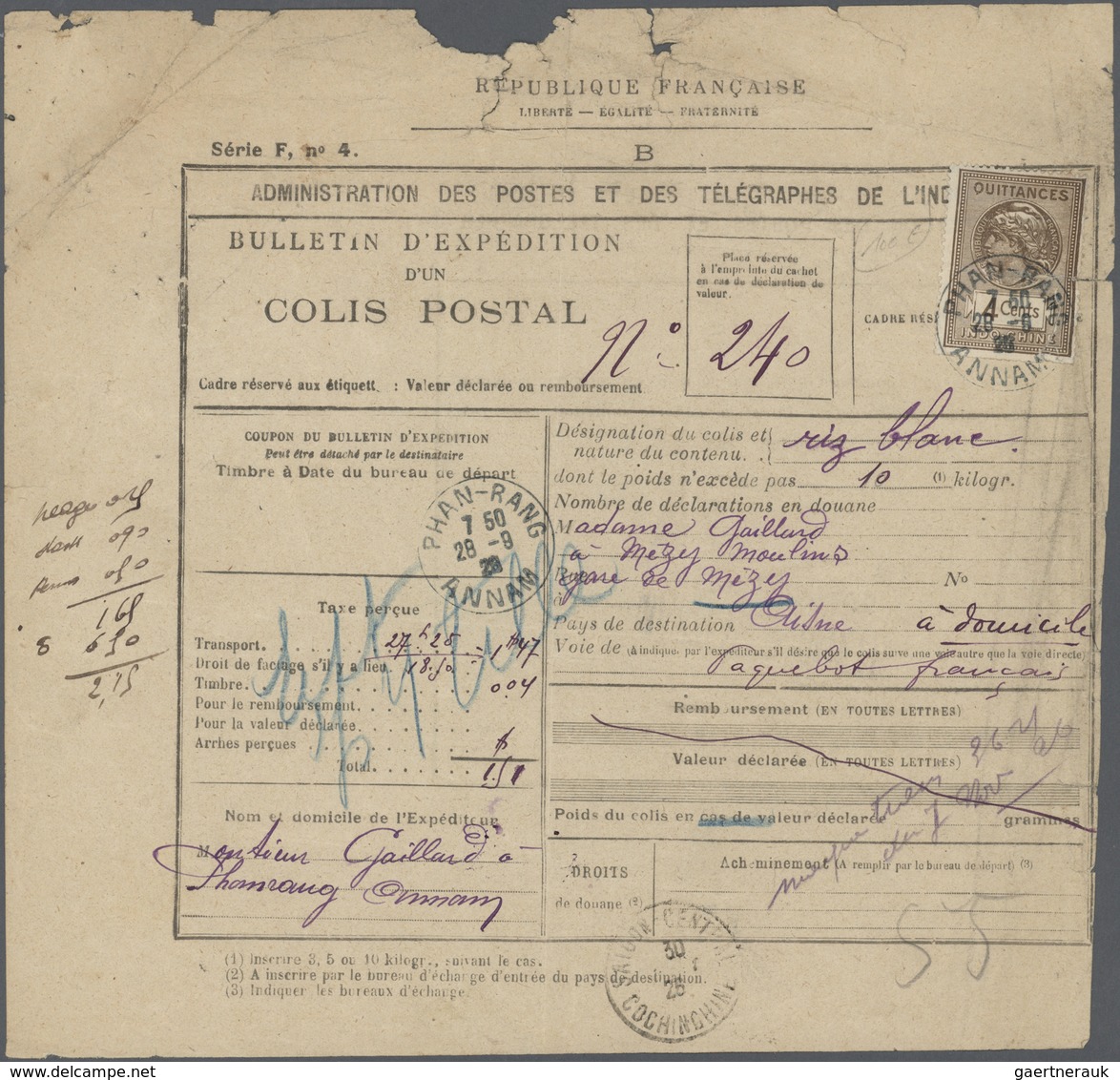 Französisch-Indochina: 1926, Parcel Bulletin To France With "quittances" 4 C. Brown Canc. "PHAN-RANG - Briefe U. Dokumente