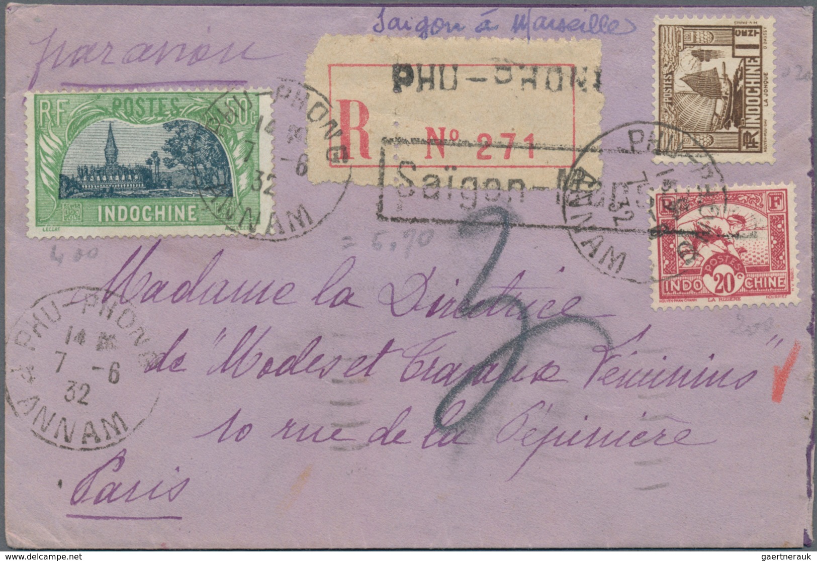 Französisch-Indochina: 1932-33, Three Airmail Covers To Paris, Two Registered, Sent From Phu-Phong, - Briefe U. Dokumente