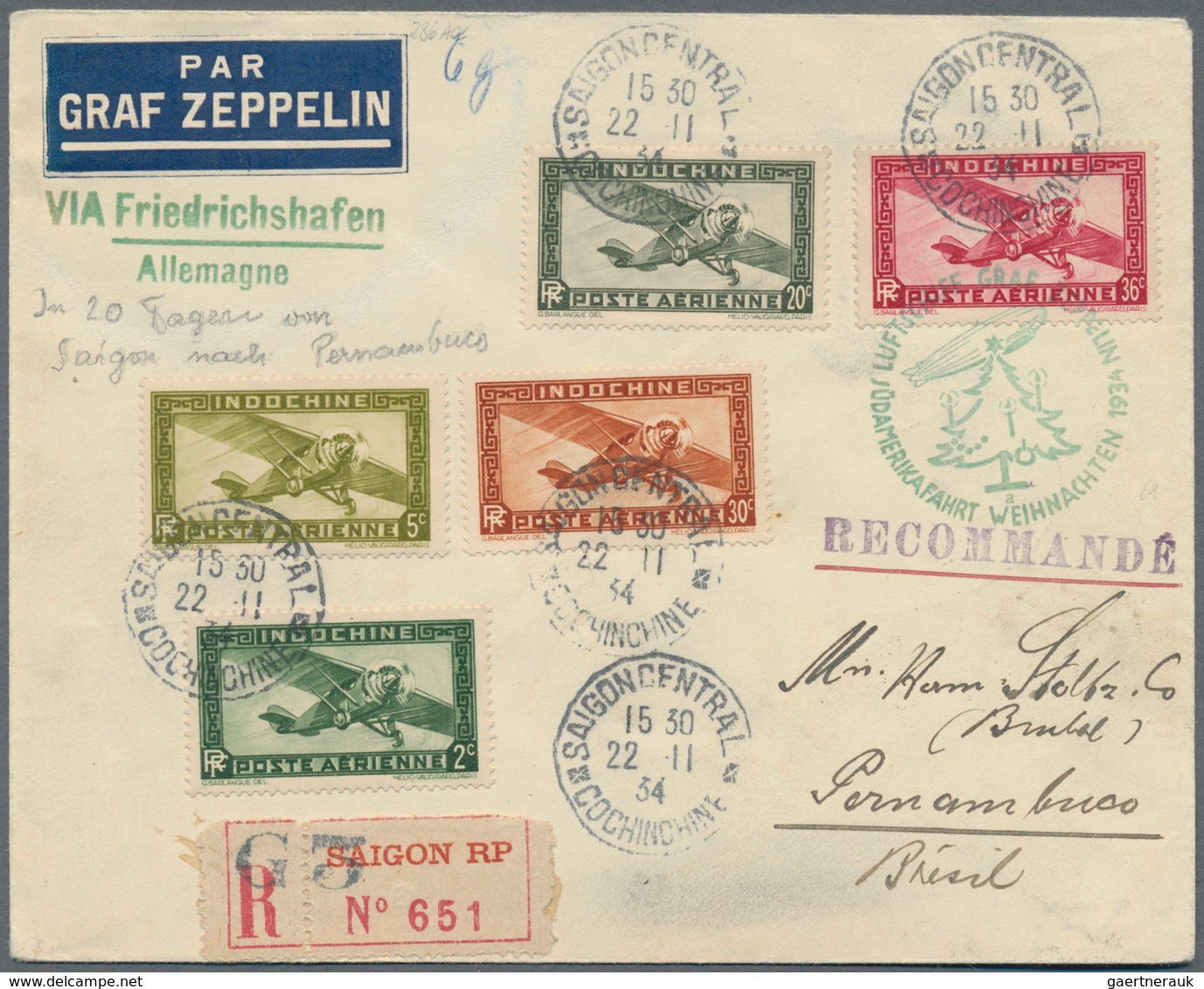 Französisch-Indochina: 1934, INDOCHINA/WEIHNACHTSFAHRT Von Saigon 22.11.34 - Reco M. 5 Verschiedenen - Covers & Documents