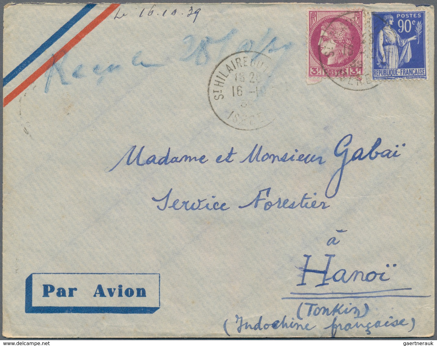 Französisch-Indochina: 1939, INCOMING WARTIME MAIL: France, 90 C Ultramarine "Paix" And 3 F Purple " - Brieven En Documenten