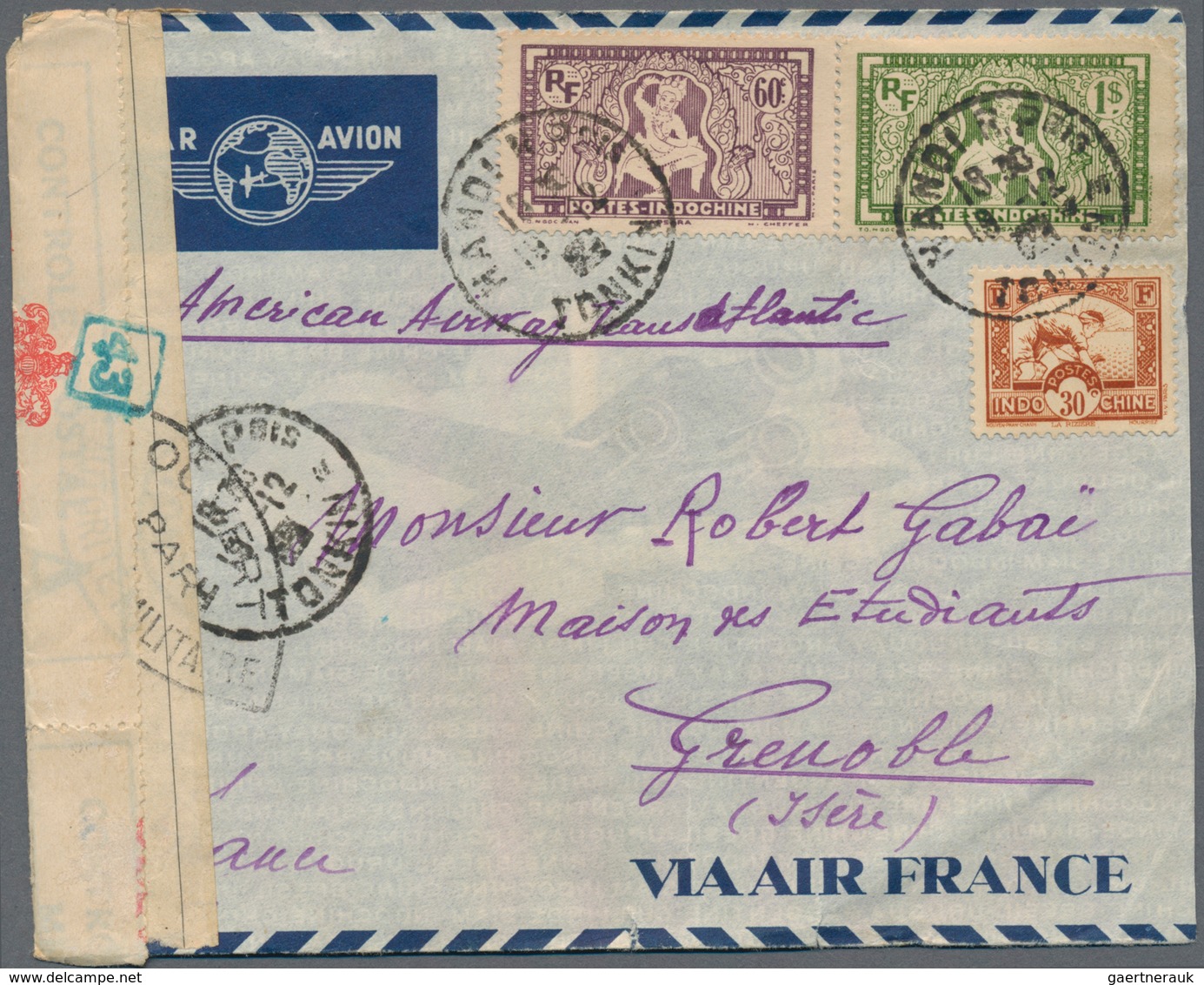 Französisch-Indochina: 1940, 30 C Orange-brown, 60 C Lilac And 1 P Green Definitives, Mixed Franking - Brieven En Documenten