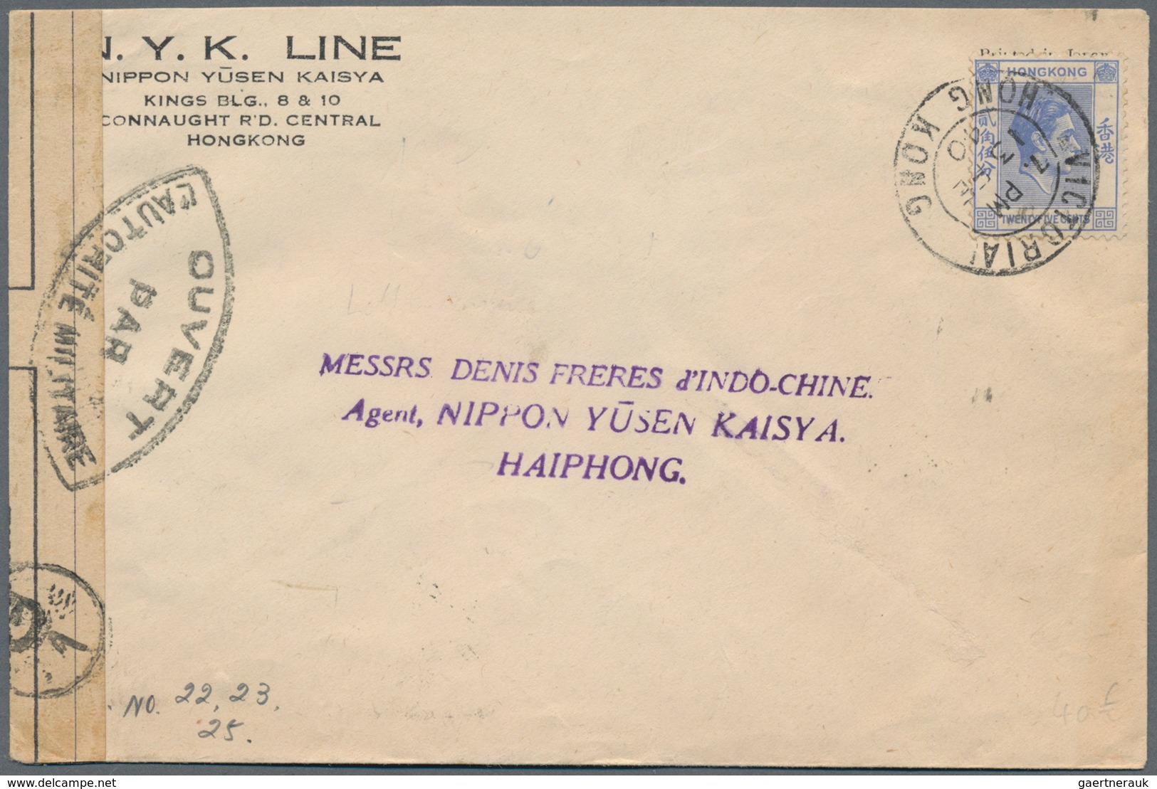 Französisch-Indochina: 1940, Two Incoming Censored Mails: KGVI 20 C. Tied "HONG KONG 13 FE 40" To Ha - Briefe U. Dokumente