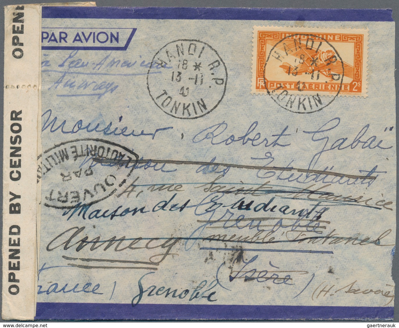 Französisch-Indochina: 1941, 2 P Orange Airmail Stamp, Single Franking On Airmail Cover From HANOI, - Covers & Documents