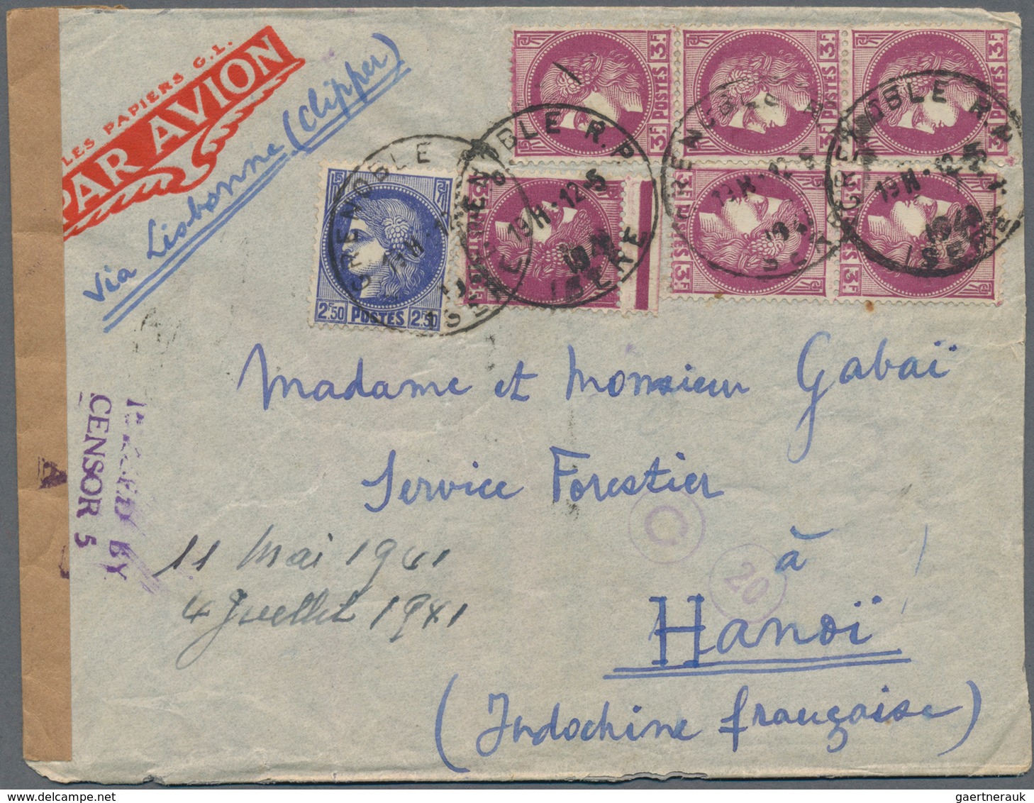 Französisch-Indochina: 1941, INCOMING CENSORED MAIL, France, 6 X 3 F Purple And 2,50 F Ultramarine D - Briefe U. Dokumente