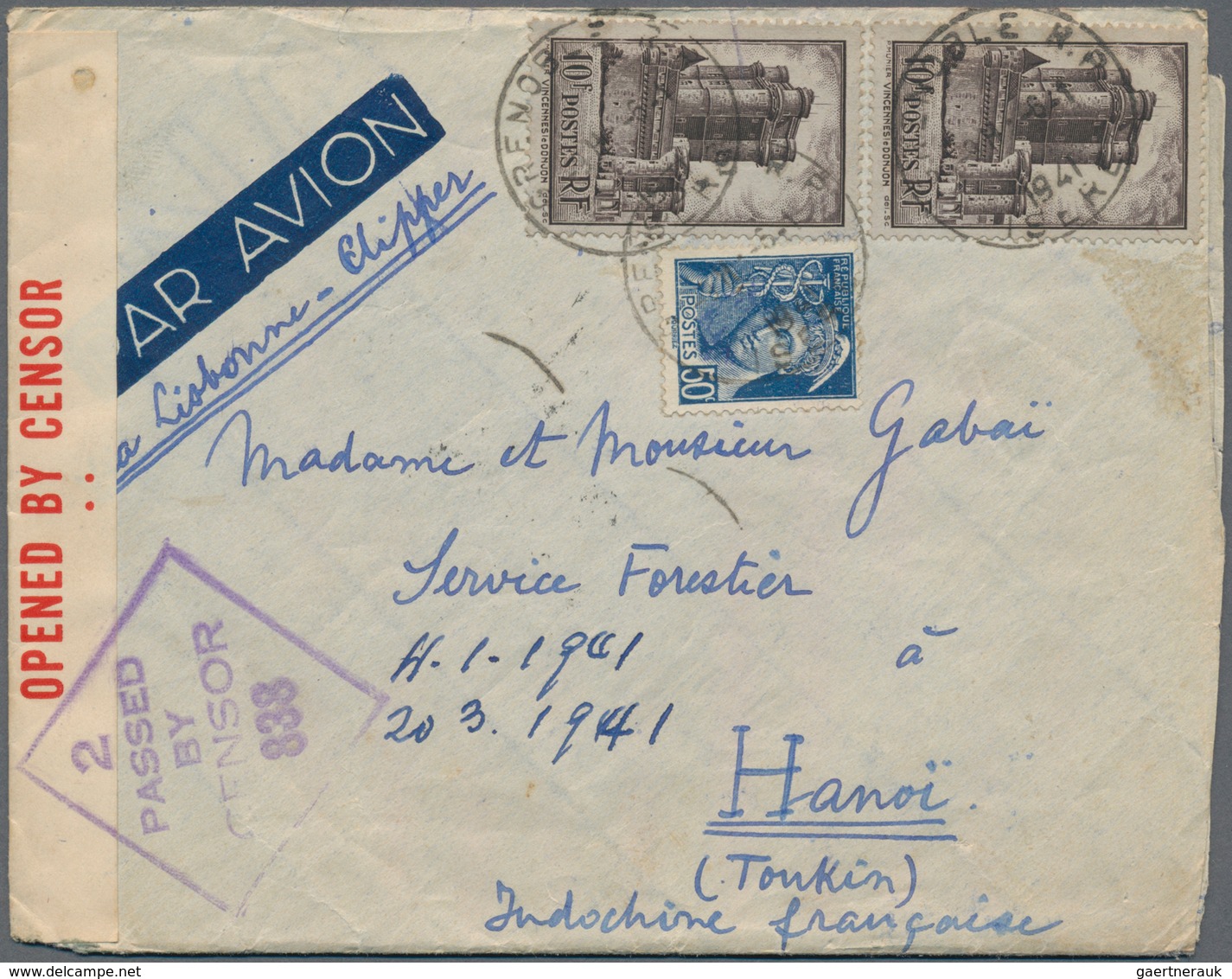 Französisch-Indochina: 1941, INCOMING CENSORED MAIL, France, 50 C Blue And 2 X 10 F Brown Definitive - Brieven En Documenten