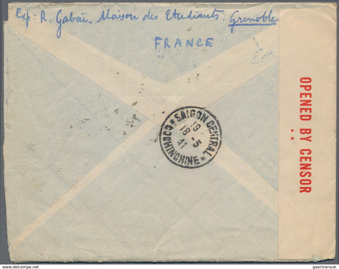 Französisch-Indochina: 1941, INCOMING CENSORED MAIL, France, 50 C Blue And 2 X 10 F Brown Definitive - Brieven En Documenten