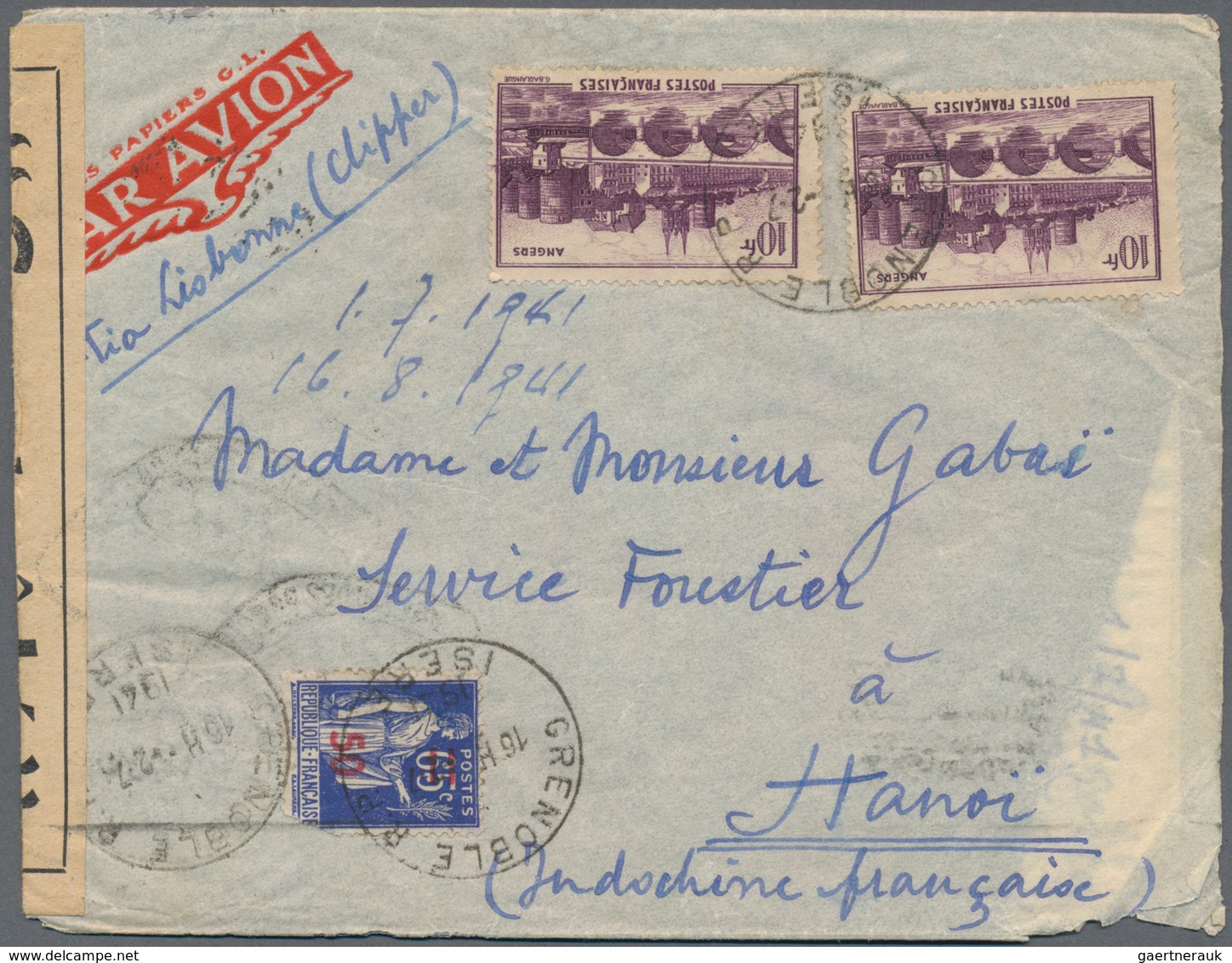 Französisch-Indochina: 1941, INCOMING CENSORED MAIL, France, 2 X 10 F Violet And 50 On 65 C Ultramar - Brieven En Documenten