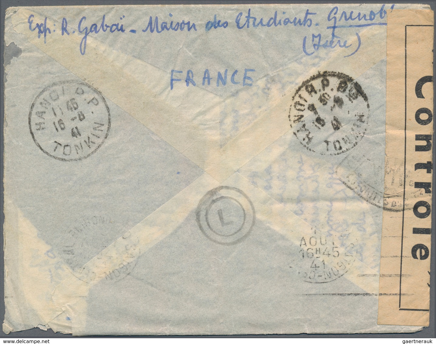 Französisch-Indochina: 1941, INCOMING CENSORED MAIL, France, 2 X 10 F Violet And 50 On 65 C Ultramar - Covers & Documents