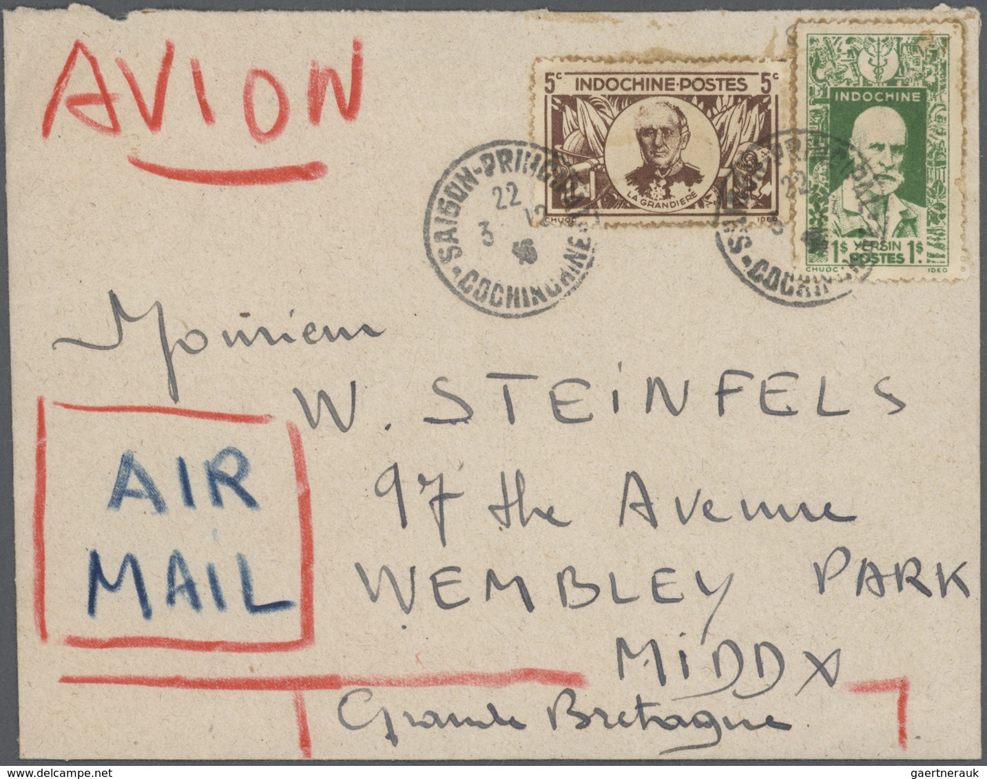 Französisch-Indochina: 1946 (Dec 3). Airmail Cover To England Franked With French Indochina 5 C La G - Brieven En Documenten
