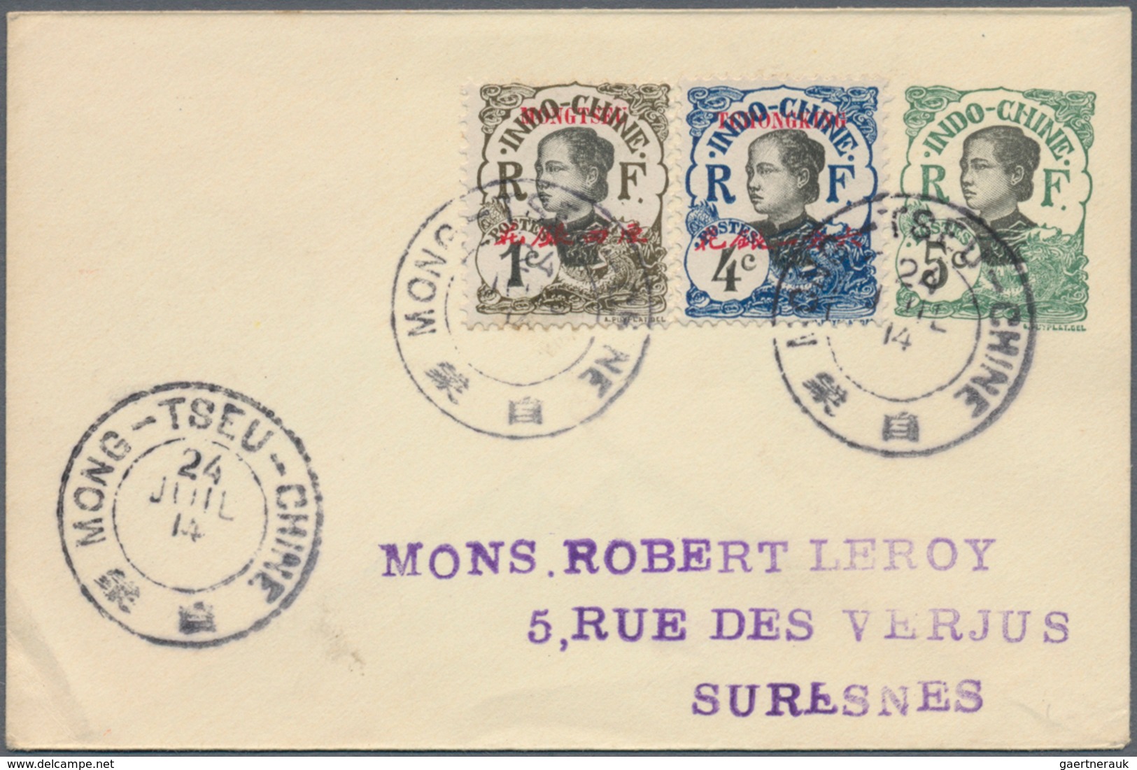 Französisch-Indochina - Postämter In Südchina: Mong-Tseu, 1906, Indochina Envelope 5 C. Uprated 1 C. - Andere & Zonder Classificatie