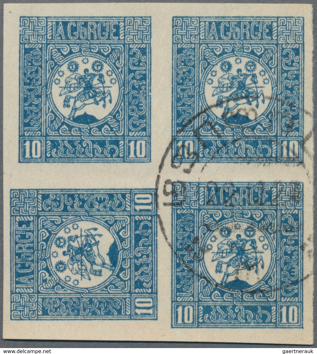 Georgien: 1919 10 K Blue George On Horseback In Block Of Four, Cancelled To Order, One Stamp Turned - Georgia