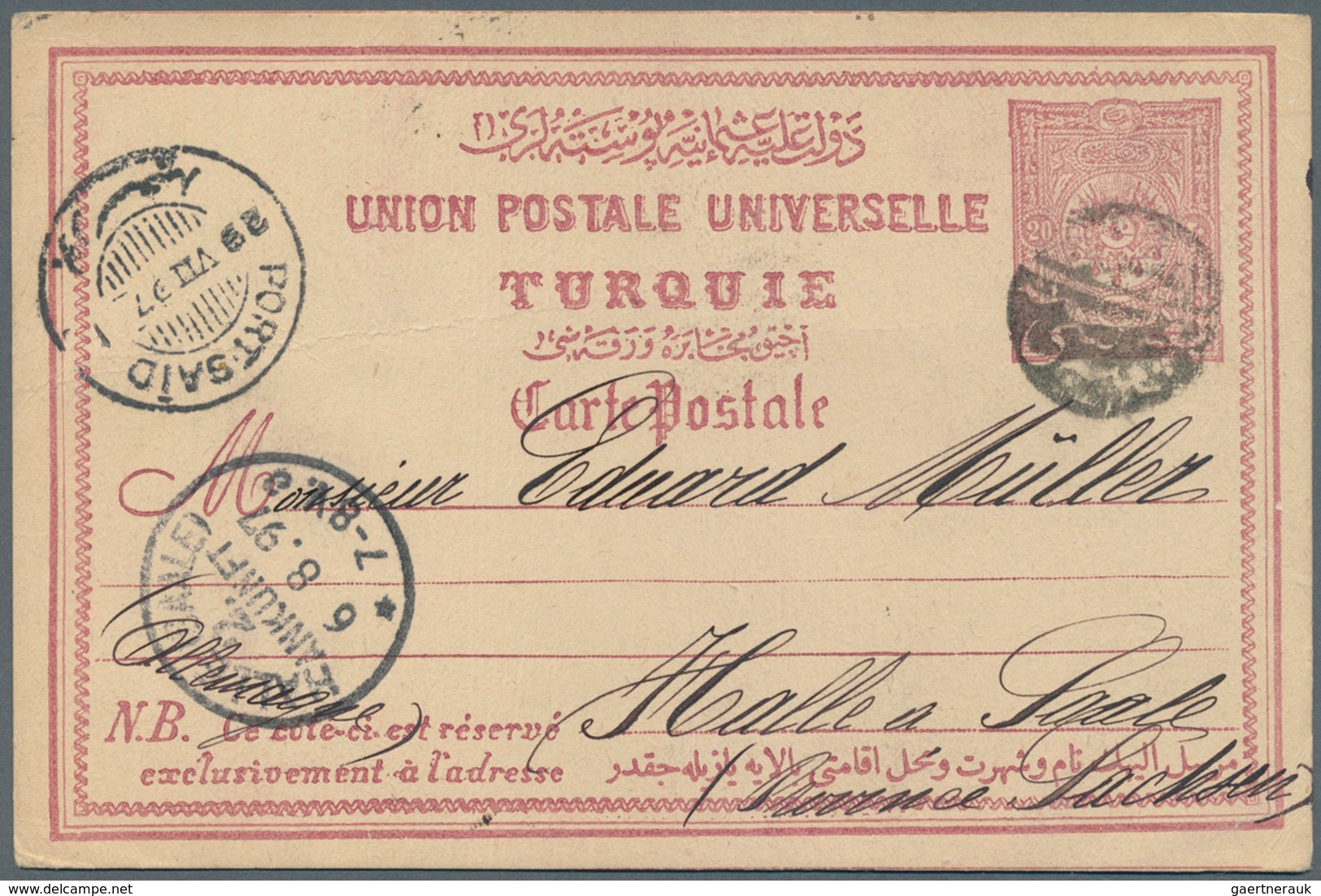 Holyland: 1897, Holy-Land: "JAFFA" Black Negative Seal On Ottoman Stationery-card 20 Pa.via Port-Sai - Palästina